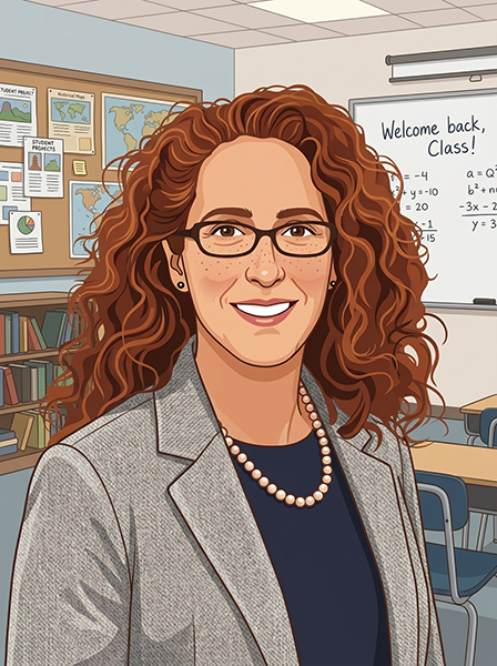 Illustrated headshot of Dana, smiling in a classroom setting